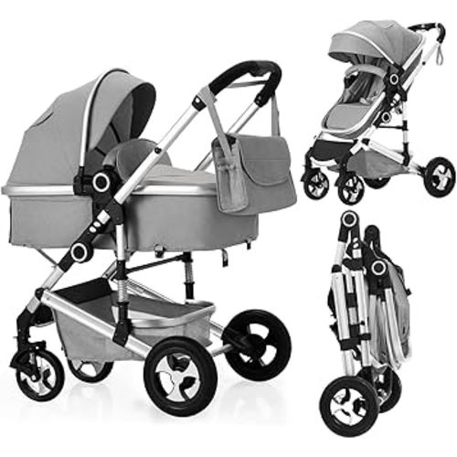 2 in 1 Baby Stroller, Convertible Pushchair Stroller w/Reversible Seat, Foldable Newborn Pram Carriage, Adjustable Canopy, Storage Basket, Diaper Bag & Cup Holder, 0-36 Months, Light Grey