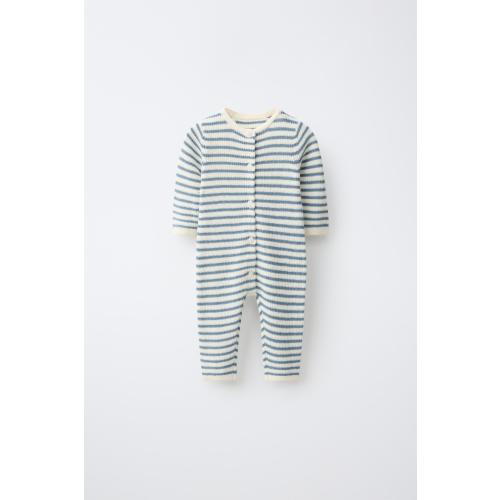 STRIPED KNIT JUMPSUIT - Ecru / Blue | ZARA United States