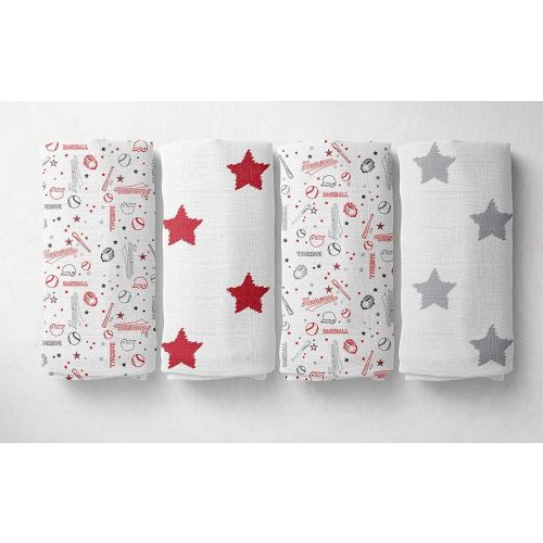 Bacati - 4 Pack Sports Baby Swaddle Blankets Boys Swaddle Wrap Soft Breathable Cotton Muslin Swaddle Blankets Receiving Blanket for Boys, Large 45 x 45 inches (Baseball Red/Grey)
