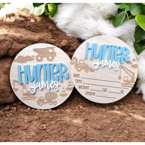 Construction Theme Baby Announcement Sign, Birth Announcement Round, Stat Sign, Baby Name Sign, Baby Boy Decor, Excavator, Bulldozer