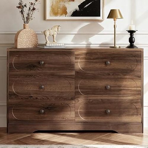 6 Drawer Dresser for Bedroom, Mid Century Modern Walnut Dresser