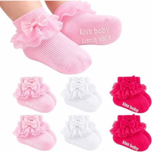 Baby Girl Ruffle Socks with Grips, Cotton Bowknot Lace Dress Socks