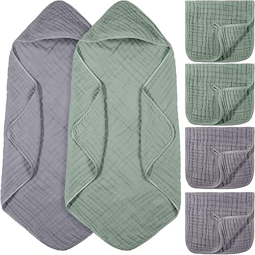 6 Pcs Baby Muslin Hooded Bath Towels and Washcloths, 32 x 32 Inch Muslin Cotton Hooded Baby Towels Absorbent Blankets for Gift Newborn Infant Shower(Green, Gray)