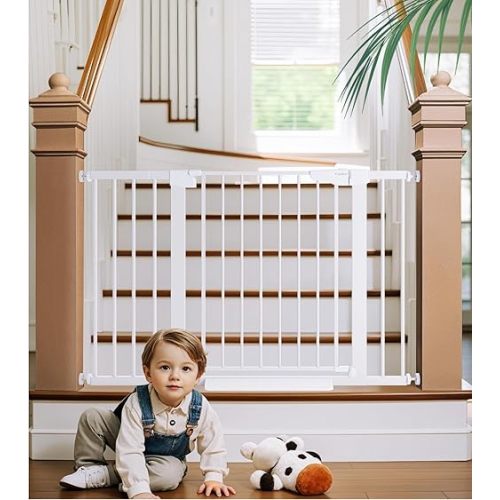 Cumbor 29.7-48" Baby Gate for Stairs, Mom's Choice Awards Winner-Dog Gates for Doorways, Auto Close Safety Pet Gate for Dogs Indoor, Easy Install Pressure Mounted Child Gate with Walk Thru Door, White