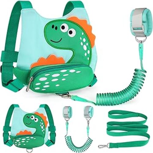 Accmor Toddlers Leash + Anti Lost Wrist Link, Baby Walking Harness Kids Safety Harness Cute Dinosaur Kids Walking Wristband Assistant Strap Belt for Boys (LightGreen)