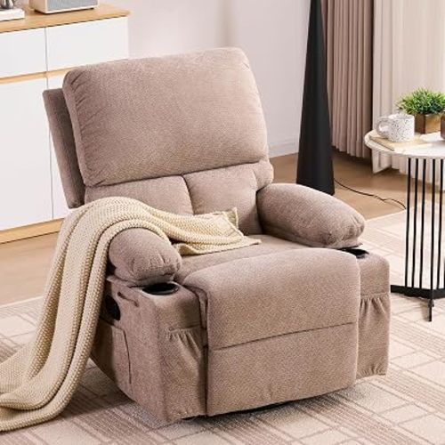 Swivel Rocker Recliner for Adults & Elderly, Manual Reclining Chair with Massage, Heating, Cup Holders and Side Pockets, Comfy Design for Living Room, Brown