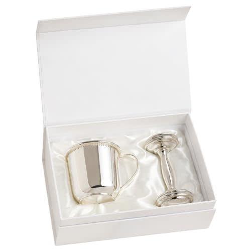 Silver Plate Beaded Cup and Rattle Hamper Gift Set for Newborn Boy, Girl