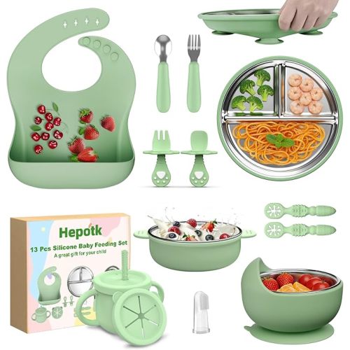 Silicone & Stainless Steel Baby Feeding Set, BPA-Free First Stage Baby Dish Set - 6+ Months