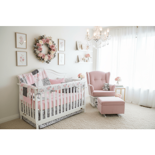 Pink Gray Rose Floral Girl Crib Bedding | USA Made Elegant – DBC Baby Bedding Co