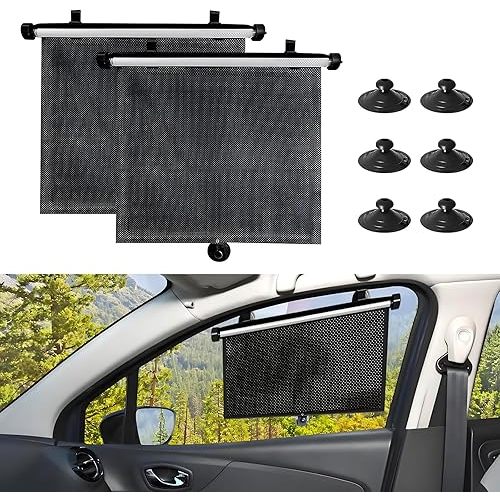 Hovom 2PCS Car Window Shades for Baby, 17.72"×15.75" Retractable Roller Auto Side Window Sun Shade with Suction Cups, Window Covers for Heat, UV and Sun Glare Protection, Car Accessories (Black+Black)
