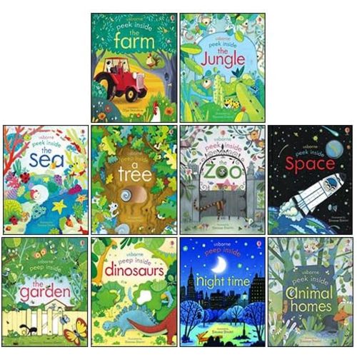 Usborne Peep Inside 10 Books Collection Set (Tree, The Sea, the Jungle, Space, Zoo, Animal Homes, Night Time, Dinosaurs, Garden & Farm) Board book – January 1, 2022