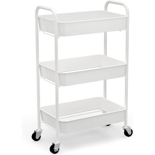 CAXXA 3-Tier Rolling Metal Storage Organizer - Mobile Utility Cart Kitchen Cart with Caster Wheels, White