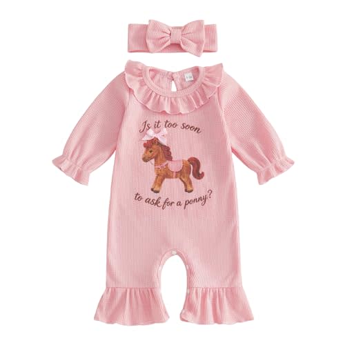 Newborn Baby Girl Western Clothes Cowgirl Outfit New to the Herd Highland Cow/Pony Romper Long Sleeve Waffle Jumpsuit