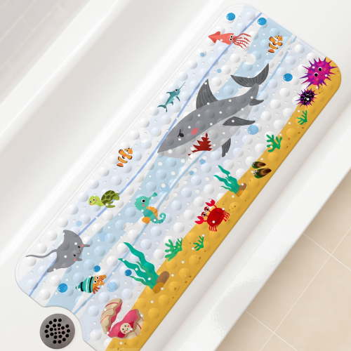 OTHWAY Shark Baby Bath Mat for Tub for Kids, 40x16 Inch Cartoon Extra Long Non-Slip Shower Mat with Suction Cups, Drain Holes & Machine Washable - Baby Shower Gift