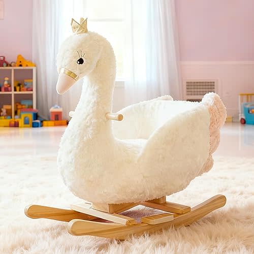 Plush Unicorn Rocking Horse – Soft Ride-On Rocker with Wooden Frame, Magical Unicorn Design for Imaginative Play (Swan)