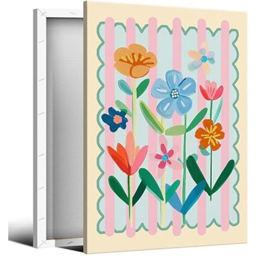 Wildflower Nursery Canvas Wall Art, Colorful Floral Botanical Poster, Smile Flowers Picture Print for Baby Girls Bedroom Playroom, Nature Floral Wall Decor for Kids Room 12x16in Wrapped Canvas