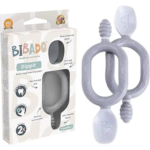 Bibado - Dippit Baby Spoon and Dipper, Mist (2-Pack) - Soft, Chewable Dipper & Deep Spoon - Two-Hand, Sensory Grip - Toddler Utensils - Baby Led Weaning Supplies - Baby Essentials - 6 Months+