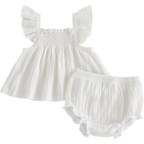 Mubineo Baby Girl Summer Clothes Cute Basic Plain Cotton Linen Ruffle Tops Dress Shorts Outfits Set Shirt Princess Outfit
