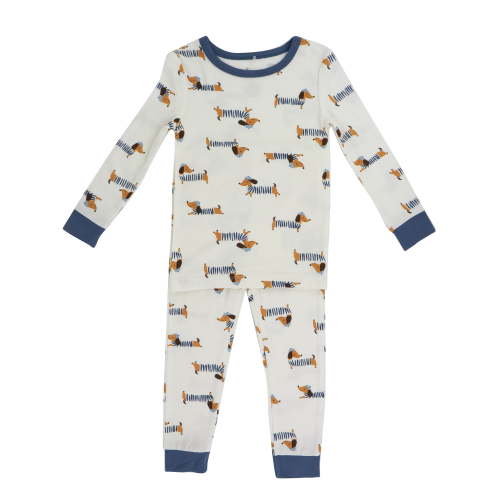 Milkberry Soft Bamboo Pajamas Infant Pajama Set for Boys w/ Matching Socks in White Weiner Dog with Hat Pattern - Size 24 Months
