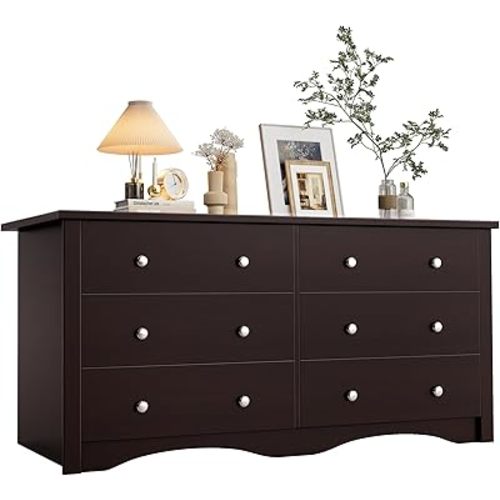 YESHOMY 6 Drawer Dresser for Bedroom, Wood Dresser, Chest of Drawers Storage Organizer, TV Stand for 55 inch TV, for Living Room, Hallway, Closet (Dark Brown)