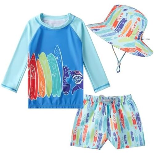 Baby Toddler Boys UPF 50+ Rashguard Set Swimsuit with Sun Hat Bathing Suit Swimwear for Beach Pool Sun Protection
