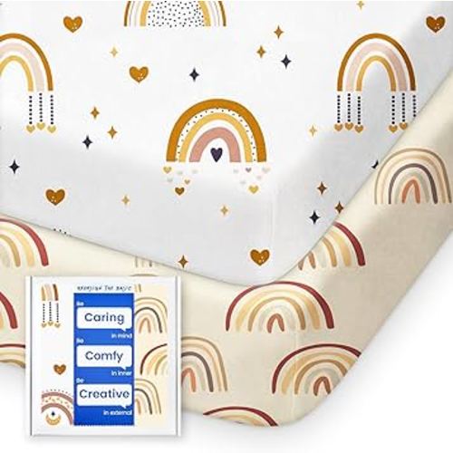 Pack N Play Sheets Fitted, TotBasic Ultra Soft Boho Rainbow Mini Crib Sheets, Premium Jersey Knit Pack and Play Sheets, Stretchy Neutral Play Yard Sheets for Pack and Play Mattress, 2 Pack