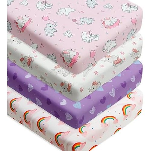 4 Pack Baby Girl Crib Sheets Set Fitted Floral or Elephant Theme Toddler Bed Sheets Soft Breathable Baby Girl Mattress Covers for Infant or Newborn Girls (Elephant, Crib Sheets)