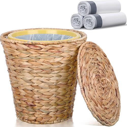 Wicker Waste Basket with Lid in Bedroom Bathroom Wicker Trash Can Office, Boho Handwoven Waste Basket with Plastic Insert and 60 Pcs Drawstring Trash Bag(3 Gallon)