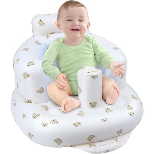 Inflatable Baby Seat for Babies 3 Months and Up, Toddler Floor Seats for Sitting Up, Built in Air Pump Baby Seats for Kids, Blow Up Baby Chair with Back Support - Cute Bear