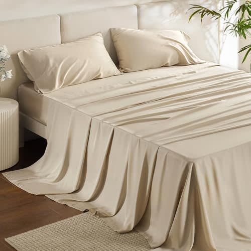 Bedsure PureWoven 100% Rayon Derived from Bamboo, Queen Sheets, 4 Pieces | Featured in Forbes Vetted, Cooling Sheets for Hot Sleepers, Breathable & Silky Soft, 16" Deep Pocket Bedding, Beige