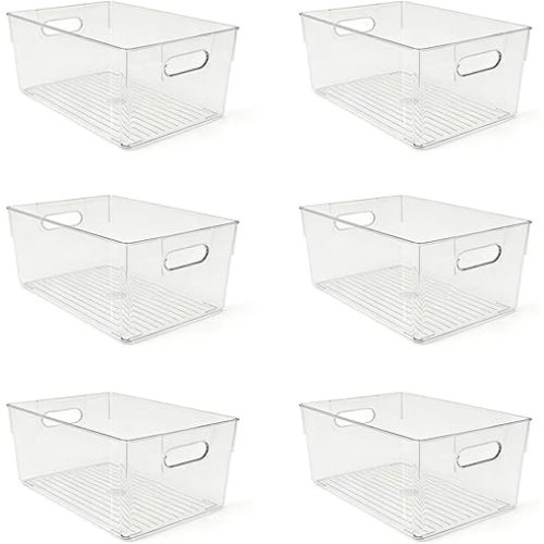 6 Pack Thick Clear Stackable Storage Bins, Cabinet Organizer, Plastiic Containers with Handle for Kitchens, Bathrooms and Fridge and Desktop