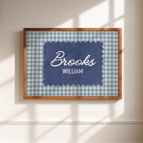 Personalized Gingham Name Sign, Custom Baby Name Print, Vintage Nursery Wall Art, Modern Kids Room Decor, Retro Playroom, Digital Download