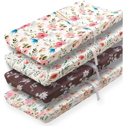 4 Pack Baby Girl Changing Pad Covers Sheets Set Soft Fitted Floral or Elephant Theme Baby Girl Mattress Covers Breathable Toddler Bed Sheets for Infant or Newborn Girls (Flower, Changing Pad Covers)