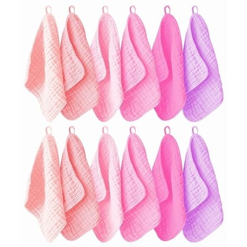 12 Pack Muslin Washcloths for Baby - 100% Cotton Baby Wash Cloths for or Baby Face Body Comfy and Soft for Newborn Infants Kids Girls and Boys - 12"x12" - Pink, Purple and Sakura Series