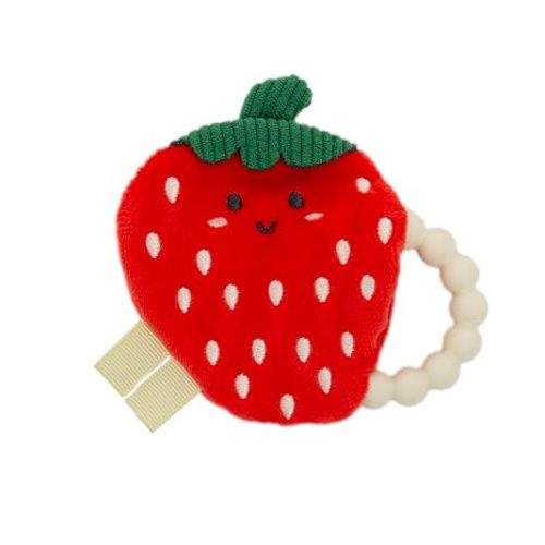 Pearhead Strawberry Baby Teether, Plush Sensory Toy with Silicone Ring