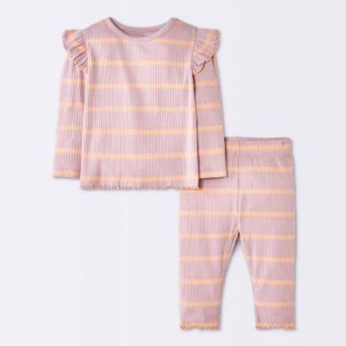 Baby Girls' 2pc Striped Ruffle Long Sleeve T-Shirt and Leggings Set - Cloud Island™ Pink 12M