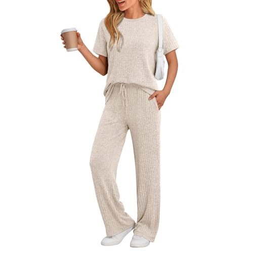 LILLUSORY Womens Lounge Sets 2 Piece Matching Travel Outfits | Resort Vacations, Fall Travel Outfits, Home Loungewear, Cute Lightweight Ribbed Top, Wide Leg Pants, Matching Sets