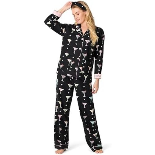 PJ Salvage Women's Cotton Flannel Long-sleeve Top, Pant and Headband 3-piece Pajama Set