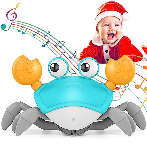 Crawling Crab Baby Toy, Upgraded Tummy Time Gifts for Newborn Babies 3-6 6-12 Month, Light-Up Walking Dancing Moving Crab with Music & Obstacle Avoidance, Rechargeable Sensory Development Toy (Green)