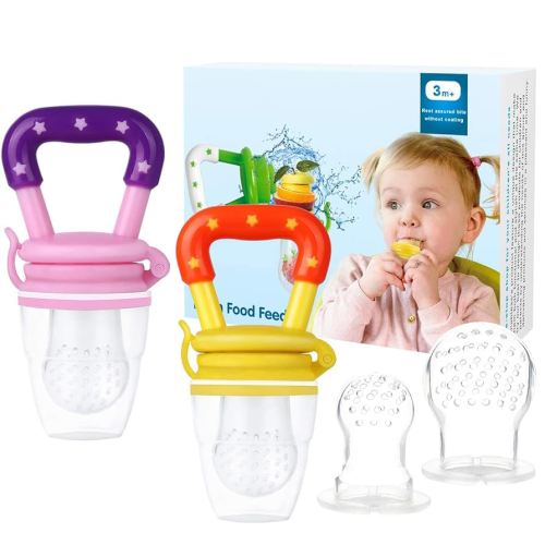 Baby Fruit Feeder by HAOBAOBEI, Frozen Teething Toys for Babies, Fruit Pacifier Feeder with 4 Sizes Silicone Pouches, Eating Essentials, BPA Free Feeding Supplies -2 Pack (Pink Yellow)