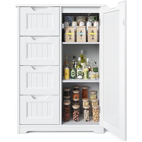 Gizoon 33" Kitchen Pantry Storage Cabinet with Door and Shelves, Small Food Pantry Cabinet Cupboard, Freestanding Wooden Bathroom Storage Cabinet with 4 Drawers for Kitchen and Dining Room, White