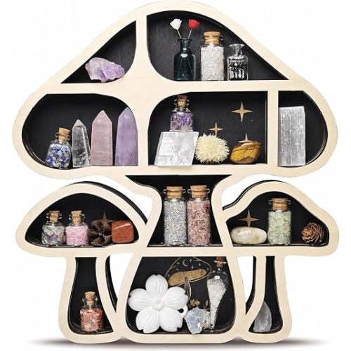 Mushroom Decor Floating Shelves, Crystal Display Shelf for Wall, Cute Whimsy Mushroom Wall Decor, Rock Gem Stone Organizer, Essential Oil Holder Hanging Case, Meditation Art Spiritual Gift