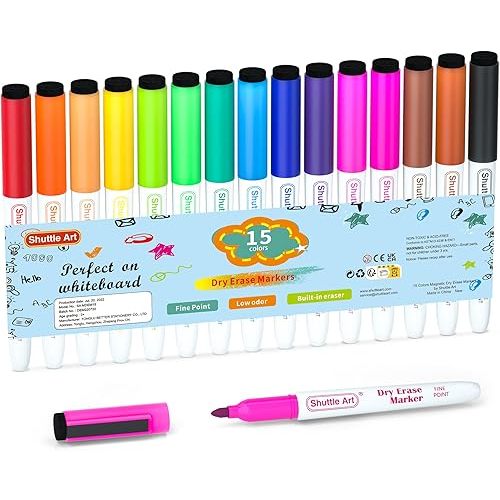 Shuttle Art Dry Erase Markers, 15 Colors Magnetic Whiteboard Markers with Erase,Fine Point Perfect For Writing on Whiteboards, Dry-Erase Boards,Mirrors for School Office Home