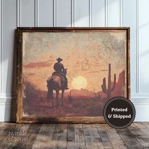 Vintage Cowboy Wall Art, Western Ranch Print, Antique Desert Painting, Muted Country Decor, Southwestern Poster, Printed and Shipped