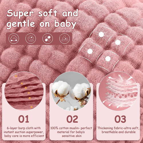 Muslin Burp Cloths 100% Cotton Large 20''x10'' Baby Essentials, Extra Soft and Absorbent Baby Burping Cloth for Boys Girls, Pink, 6 Pack