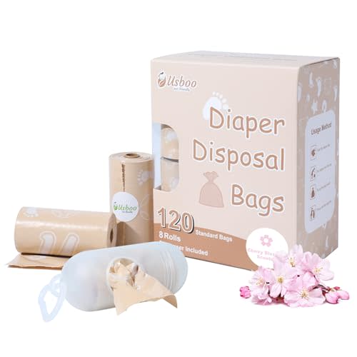 Diaper Bags Disposable for Baby, Biodegradeable Dirty Diaper Bags (8 Refill Rolls/120 Bags) with Dispenser, Leak Proof Diaper Trash Bags, Baby Poop Bags, Cherry Blossom Scent