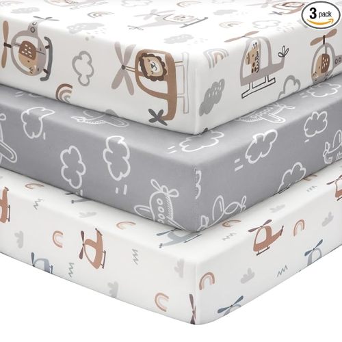 Baby Crib Sheets for Boys and Girls, 3 Pack Toddler Bed Sheets for 52”x28” Standard Toddler Mattresses, Soft Microfiber Fitted Crib Sheets Neutral Grey Helicopter
