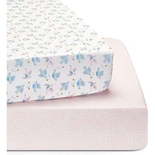 TILLYOU Baby Crib Sheets for Boys Girls, Super Soft Toddler Bed Sheets, 2 Pack Sheets for Standard Crib Mattress 28x52in, Lucky Pony Peace Dove and Big Pink Flower