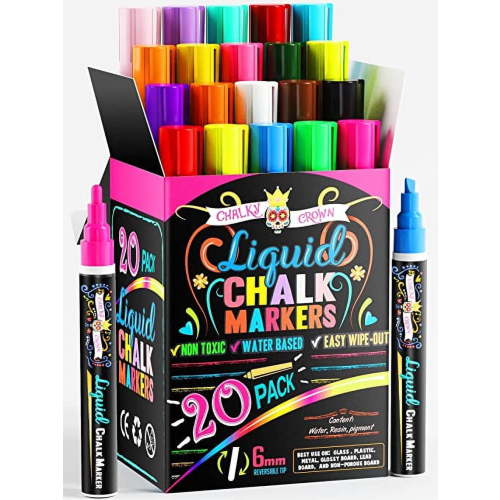 Chalky Crown - Liquid Chalk Markers - Erasable Chalk Markers with Reversible Tip - Bold Multicolor, 6mm, 20 Pack