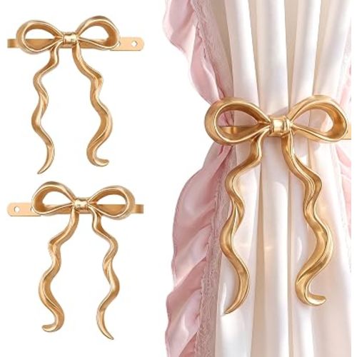 Hicarer 2 Pcs Gold Bow Curtain Holdbacks Metal Bow Curtain Tiebacks